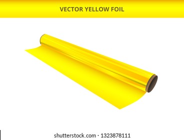 Vector illustration of open roll of plastic yellow foil. Packaging material, decorative, wrapping or adhesive foil, hot stamping foil or other foil. Icon is isolated on a white background.
