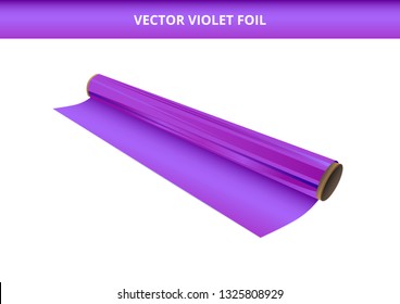 Vector illustration of open roll of plastic violet or purple foil. Packaging material, decorative, wrapping or adhesive foil, hot stamping foil or other foil. Icon is isolated on a white background.