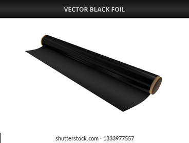 Vector illustration of open roll of plastic black foil. Packaging material, decorative, wrapping or adhesive foil, hot stamping foil or other foil. Icon is isolated on a white background.