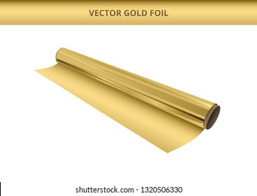 Vector illustration of open roll of shiny gold foil. Kitchen packaging element, decorative foil, hot stamping foil or other.Icon is isolated on a white background.