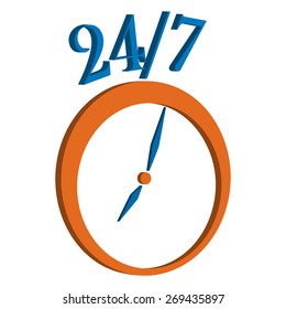 Vector illustration. Open and service around the clock and 7 days a week icon isolated on white background. 