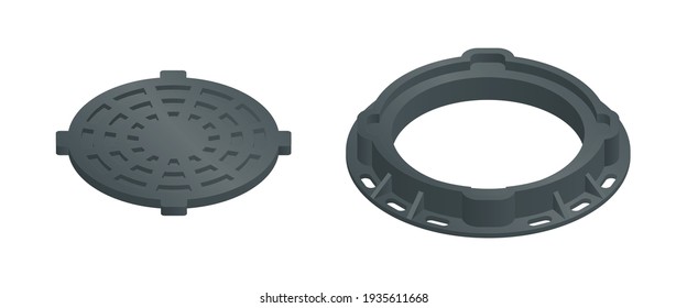 Vector illustration open sewer hatch isolated on white background. Realistic manhole cover icon in flat cartoon style. Well hatch. Open sewer pit with a hatch. Construction material.