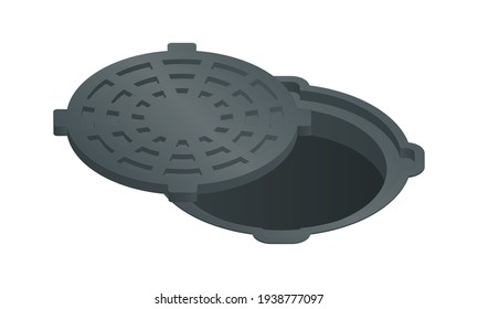 Vector illustration open sewer hatch isolated on white background. Realistic manhole cover icon in flat cartoon style. Well hatch. Open sewer pit with a hatch. Construction material.