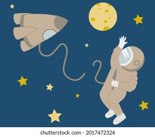 ilustración vectorial. espacio abierto. astronauta, vuelo, cohete. barco. casco de traje protector, cielo, luna. estrellas.
