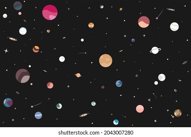 Vector illustration of open space with stars, galaxies, planets, asteroids and other objects. Graphic drawing of the universe.