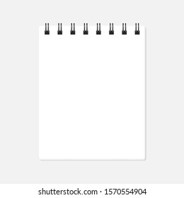 Vector illustration of open spiral block note. Empty page with copy space isolated on white. Dark metal rings binder. Blank notebook can be used as a mock up or template for your own projects. Eps 10.