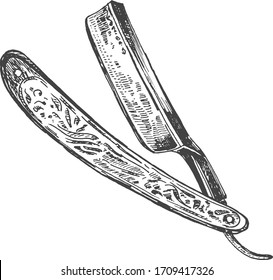 Vector illustration of open straight razor. Barber professional shaving appliance tool. Vintage hand drawn engraving style.