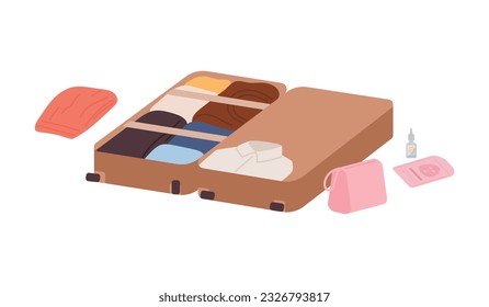 Vector illustration of open suitcase full of clothes, ticket and documents, isolated on white background. Comfort travel, tourism, business trip concept in flat design style. Packing baggage, luggage