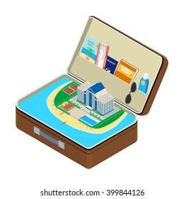 vector illustration. Open the suitcase, sea, a coastal hotel with a swimming pool, a passport, a plane ticket, sunglasses, sunscreen. isometric, infographic