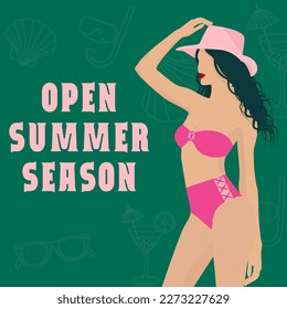 Ilustración vectorial Temporada de verano abierta, afiche de las redes sociales joven sexy con traje de baño rosa al estilo de los 90 y un sombrero de moda al fondo de un patrón con elementos aislados
