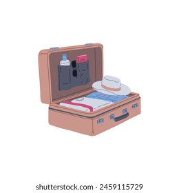 Vector illustration of an open travel suitcase with a neatly folded set of clothes and personal items, ideal for a vacation or business trip. Flat style on isolated background.