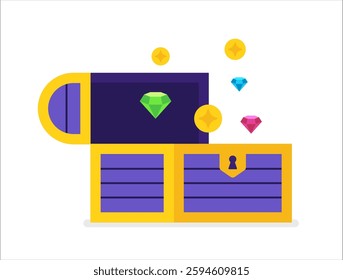 Vector illustration of an open treasure chest filled with colorful gems and gold coins. A vibrant flat design representing wealth, fortune, and success.