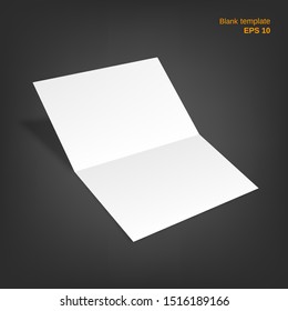 Vector illustration of open two fold paper sheet with shadow. Empty booklet on grey background. Blank can be used as a mock up, template and backgrounds for your own projects. EPS 10 file.
