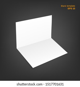 Vector illustration of open two fold paper sheet with shadow. Empty white booklet on grey background. Blank can be used as a mock up, template and backgrounds for your own projects. EPS 10 file.