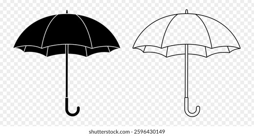 Vector illustration of Open Umbrella in black outline and fill on transparent background