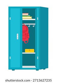 Ilustración vectorial de un armario de escuela azul abierto y vibrante. Cuenta con una mochila de color rojo brillante, libros de colores y una caja amarilla, ideal para temas de regreso a la escuela.