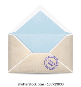 Vector illustration of open vintage envelope with stamp. Back view.