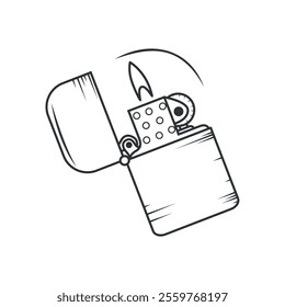 Vector illustration of an open vintage lighter with a burning flame. Minimalist black and white sketch, perfect for tattoos, icons, or retro-themed designs.