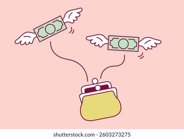 Vector illustration of an open wallet with bills flying out