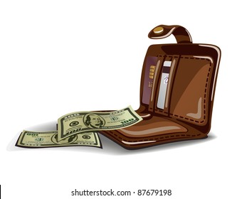 Vector illustration of open wallet with dollars and credit cards