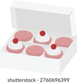 Vector illustration of an open white cardboard box containing six pink cupcakes with white frosting and red cherry toppings. Bakery packaging for desserts, sweets, and confectionery.