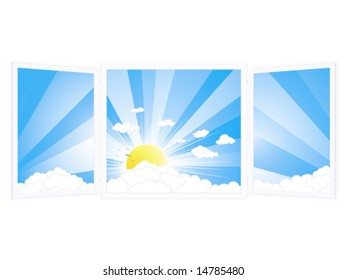 Vector illustration of an open window with a beautiful sunny day view.