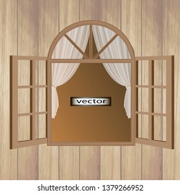 Vector illustration of an open window eco-friendly hardwood frame translucent white curtains and wooden wal