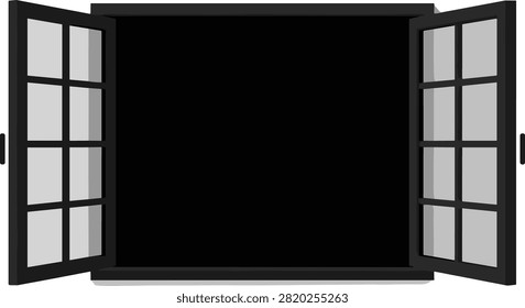 A vector illustration of an open window featuring a black frame and multiple glass panes, showcasing a dark interior view, isolated on a white background.