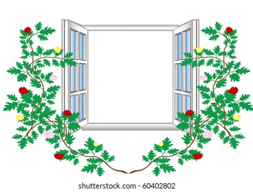 Vector illustration an open window with flower patterns.