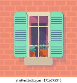 Vector illustration of open window with green shutters and flower pots on orange brick home wall. Cartoon house element. Cute summer outdoor flat design. Architect's exterior of modern street