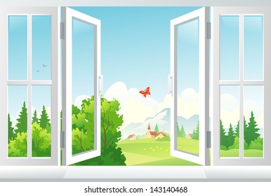 Vector illustration: open window with a landscape view