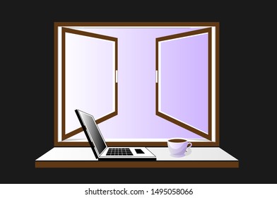 Vector illustration of open window with notebook and coffee cup on broad windowsill, concept of coworking,  freelance job, outsourcing, distant learning or home education