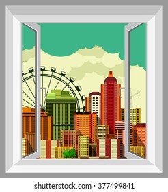 vector illustration of an open window from which the visible panorama of the big city