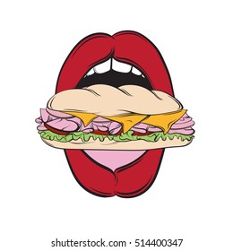 Vector illustration of open woman mouth with sandwich made in hand drawn line pop art realistic style. Template for card banner flyer print for t-shirt