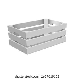 Vector illustration of open wooden white crate with three boards and holes. For agricultural and decorative purposes. Food storage and transportation. Isolated background, side view.