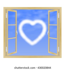 Vector illustration of open wooden window with a view of the clouds in the form of heart. 