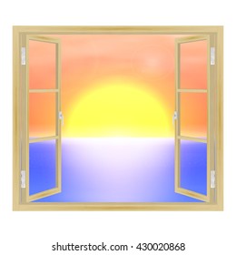 Vector illustration of open wooden window overlooking the sea and the sunset. View from the window.