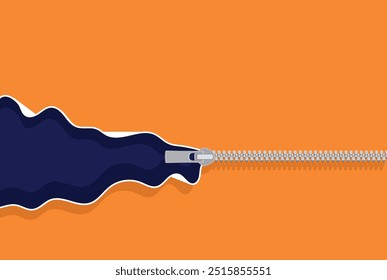 Vector and illustration, open zipper on orange background. paper cut style.