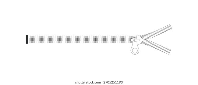 Vector illustration open zipper on white background. Zipper closure for clothing. Zipper icon for fashion cloth. Textile symbol and sign.  
