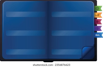 Vector illustration of opened album for post stamps, postcards or photos with colorful bookmarks for navigation. Blue photo album with glossy holders. Memory diary concept.