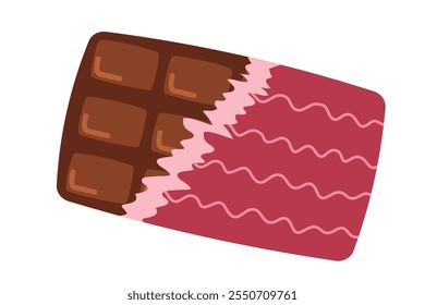 Ilustração vetorial de uma barra aberta de leite ou chocolate escuro, desenhado à mão em estilo cartoon. Invólucro de barra de chocolate rosa