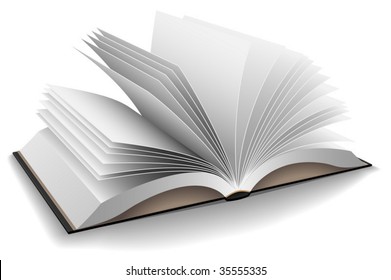 Vector illustration of opened book with hard black cover isolated on white background.