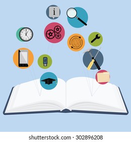 Vector illustration opened book and icons. The concept of modern education. Globe, graduation hat, info etc. Education symbol