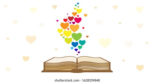 vector illustration of opened book with rainbow hearts for book lovers