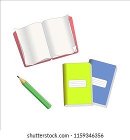 Vector illustration of opened book, yellow and blue notebooks and green pencil isolated on white background