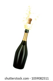 Vector illustration of opened bottle of champagne or sparkling wine with a cork and splash in photorealistic style. A realistic object on a transparent background. 3D Realism.