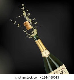 Ilustración vectorial de botella abierta de champán o vino espumoso con corcho y salpicado en estilo fotorealista. Un objeto realista sobre un fondo negro. Realismo 3D.