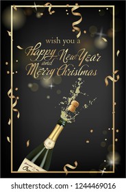 Vector illustration of opened bottle of champagne or sparkling wine with a cork and splash in photorealistic style. Greeting card. Christmas holiday banner with confetti and glitter 2019
