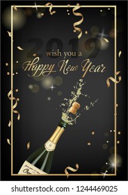 Vector illustration of opened bottle of champagne or sparkling wine with a cork and splash in photorealistic style. Greeting card. Christmas holiday banner with confetti and glitter 2019