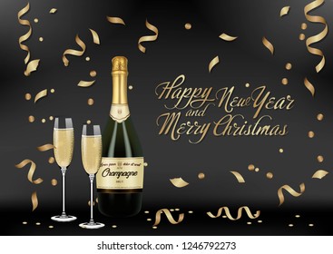 Vector illustration of opened bottle of champagne or sparkling wine with a cork and splash in photorealistic style. A realistic object on a black background. 3D Realism.